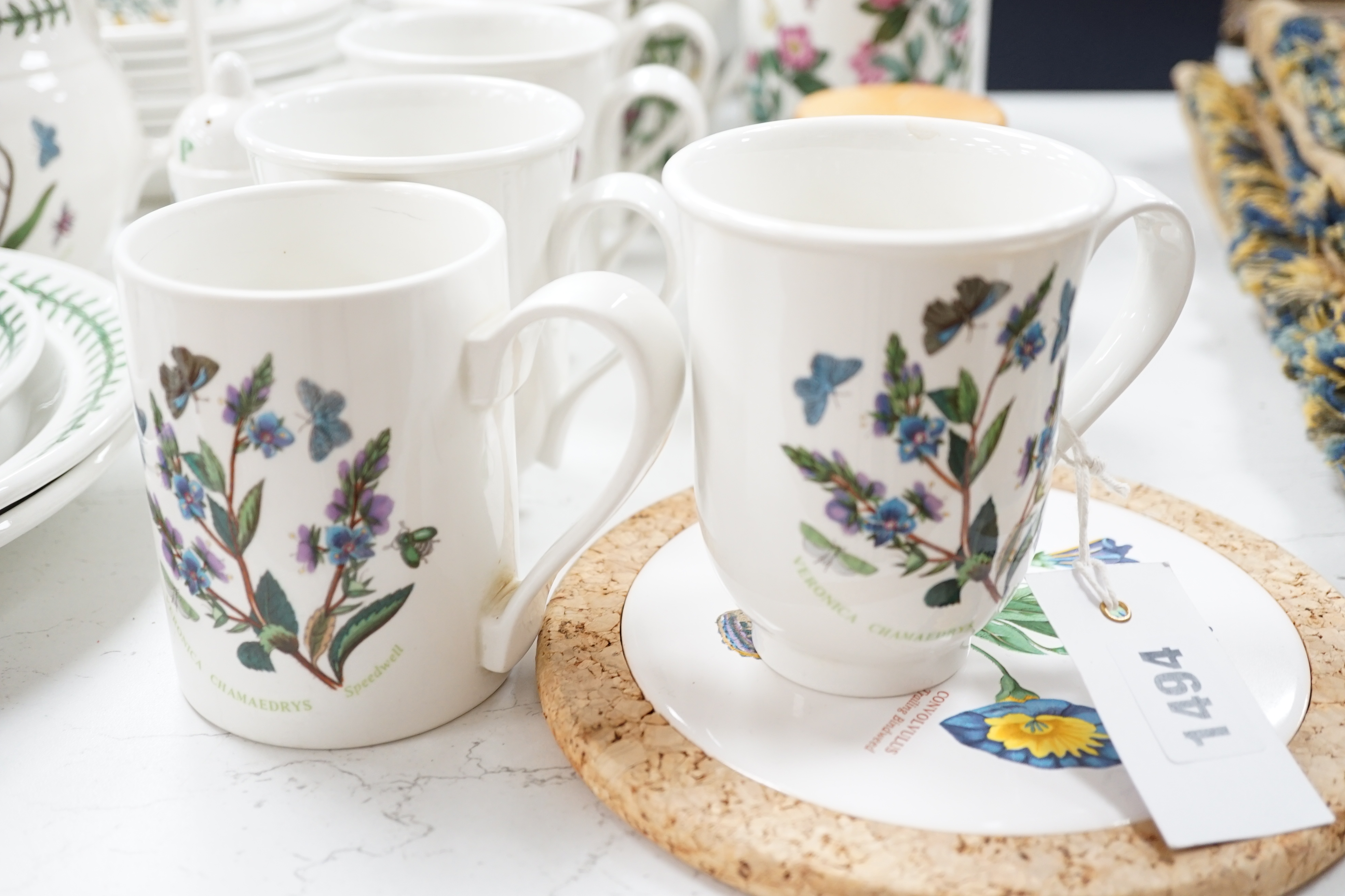 Portmeirion botanical dinner wares including mugs, storage jars and plates, largest 26cm in diameter